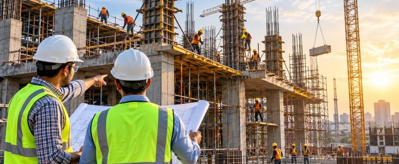 Engineers Overseeing a Golden-Hour Construction Site