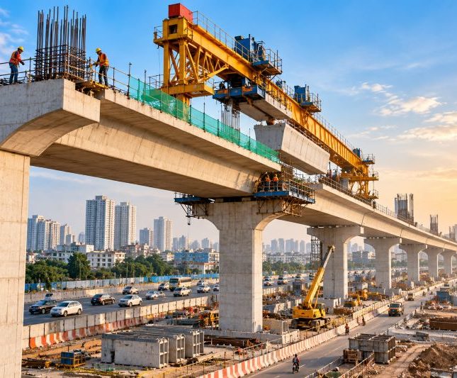 Golden-Hour Flyover Construction in the City