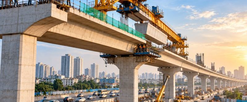 Golden-Hour Flyover Construction in the City